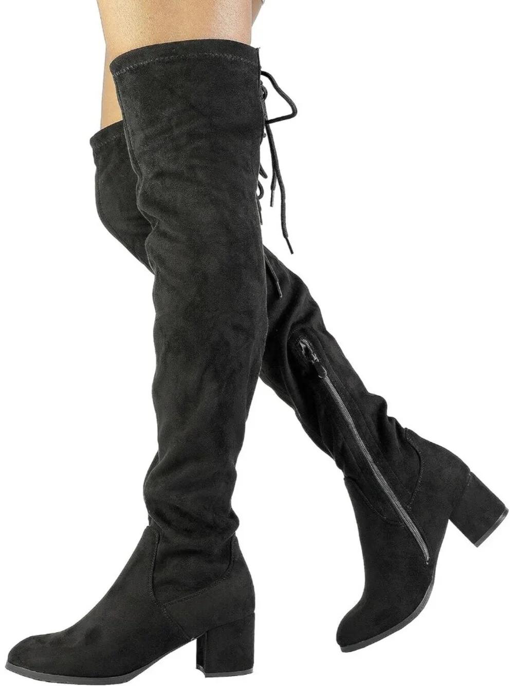 Women's Black Faux Suede Chunky Heel Round Toe Over The Knee Thigh High Boots